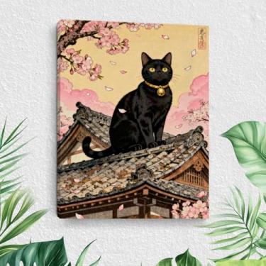 Imagem de Arte de parede em tela de gato de desenho animado, pintura de arte emoldurada estilo japonês, decoração de parede, cena da natureza e amantes de gatos imagem para sala de estar, sala de jantar