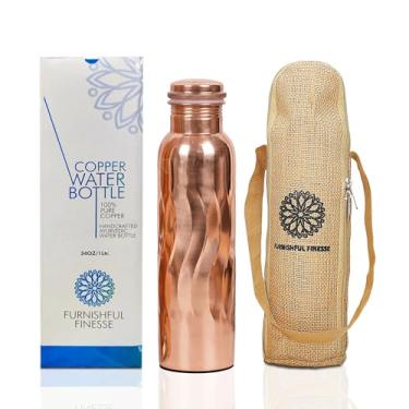 Imagem de FURNISHFUL FINESSE Garrafa de água de cobre puro com sacos de transporte, garrafas de cobre antigas para academia, escritório, ioga, meditação, caminhadas, vasos ayurvédicos - 1000 ml (pacote com 1