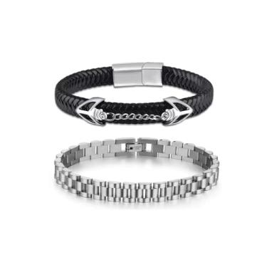 Imagem de Luckly Aulay Conjunto de pulseiras ajustáveis masculinas de 2 peças com ferramenta, corrente de aço inoxidável e punho de couro trançado, joia de uso diário estilo industrial presente para ele