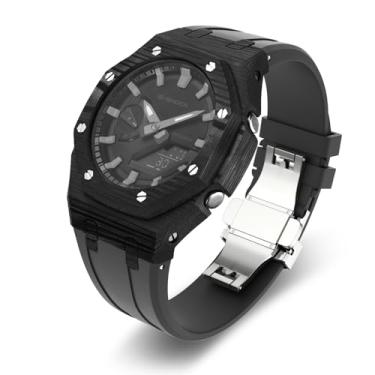 Imagem de Capa luxuosa de fibra de carbono com pulseira de fluoroelastômero compatível com CASIO GA2100 GA2110, capa protetora militar resistente, proteção tática resistente, movimento de pulseira de borracha