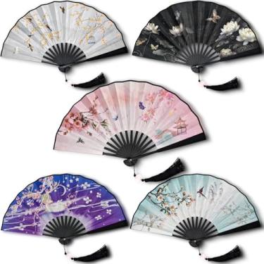 Imagem de 5 peças de leque dobrável para dança de linha, leques de seda, ventilador de estourar, ventilador de botas no chão, cosplay e decoração | Fãs de borla floral vintage para mulheres/homens/crianças