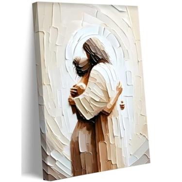 Imagem de Arte de parede em tela emoldurada Jesus abraçando mulher segura em seus braços decoração de parede pintura cristã pôster impresso para quarto, sala de estar, sala de jantar, igreja, decoração de casa