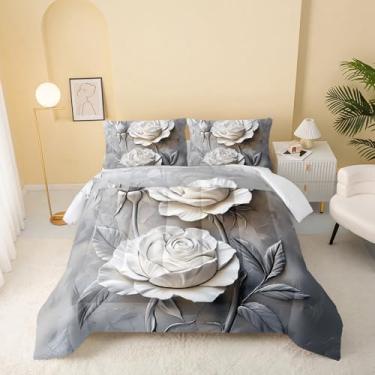 Imagem de QOOMO Jogo de cama casal com flores e plantas, para decoração de quarto de meninos e meninas, cinza, microfibra leve, 1 edredom e 2 fronhas