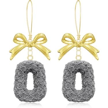 Imagem de unixmoment Brincos femininos de acrílico boêmio com pingente de flor rosa e laço de liga de liga, anel floral com fecho de alavanca, Large, Resina, Sem pedra preciosa