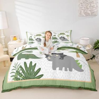 Imagem de Linda capa de edredom de dinossauro (sem enchimento) conjunto de capa de edredom infantil com folhas de palmeira verde para quarto decorativo de crianças, adolescentes, animais da selva, dinossauro