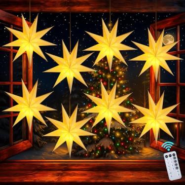 Imagem de Hiboom Pacote com 8 lanternas de papel estrelas, 61 cm, 8 modos 50 LEDs de fogos de artifício, luzes de corda de fadas, luzes de nove pontas com estrelas vazadas, decoração para pendurar em ambientes