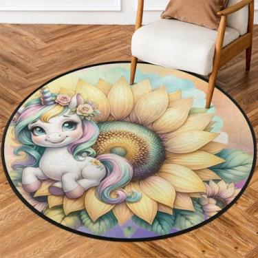 Imagem de Tapete redondo de 1,8 m de unicórnio, girassol, tapete circular antiderrapante, lavável, tapete de porta circular para quarto, berçário, sala de estar, cozinha, banheiro, entrada, decoração de casa