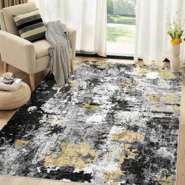 Imagem de TARANCH Tapete lavável 12 x 20 cm para sala de estar: tapete macio neutro abstrato moderno para quarto sala de jantar embaixo da mesa da cozinha, decoração de escritório em casa - ouro preto