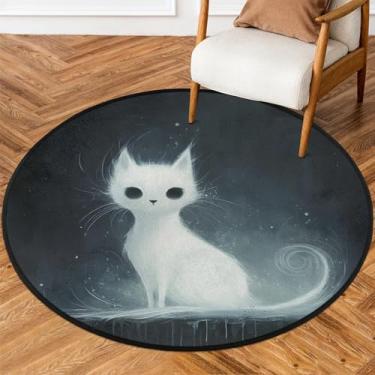 Imagem de Tapete redondo de 1,8 m animal gato branco tapete de área circular antiderrapante lavável tapete de porta para interior quarto berçário sala de estar cozinha banheiro entrada casa tapete decoração