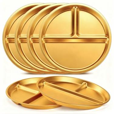 Imagem de HOEGMST Pacote com 6 pratos divididos de aço inoxidável, placas antiderrapantes de 23 cm para adultos e crianças, conjunto infantil inquebrável para uso interno e externo para festa, casa, dourado