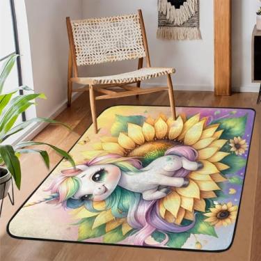 Imagem de Tapete de área para sala de estar, lavável à máquina, flor, unicórnio, girassóis, tapete antiderrapante, tapete macio para sala de estar, quarto, sala de jantar, berçário, cozinha, decoração de casa