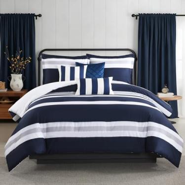 Imagem de Finlonte Jogo de cama king size, azul marinho, cinza, branco, listrado, 100% algodão, luxuoso, com 2 fronhas e 3 fronhas, 6 peças modernas e leves acolchoadas, 264 x 228 cm