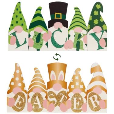 Imagem de DN DECONATION Decoração de gnomo reversível de 5 peças – Blocos de madeira de Dia de São Patrício e Páscoa com placas de coelho da sorte para decoração de mesa em camadas