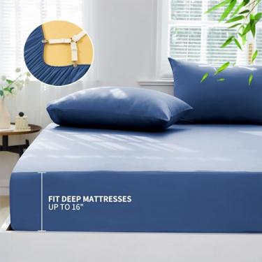 Imagem de HCORA Jogo de lençol 100% viscose derivado de bambu - 400 fios refrescantes e respiráveis - Tamanho Queen - Conjunto de 5 peças (1 lençol com elástico, 2 fronhas) - Azul luar - Sólido