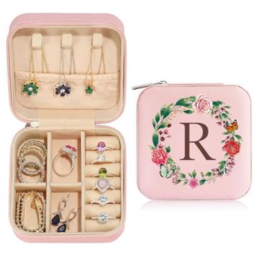 Imagem de Caixa de joias para mulheres, estojo organizador de joias inicial para viagem, colar e brincos, caixa de anel, presentes de aniversário de Natal para irmãs filhas, letra A-Z, rosa fofo