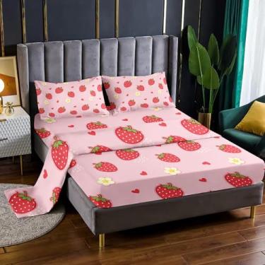 Imagem de Nttopship Jogo de cama casal de 4 peças de morango fofo com bolsos profundos de 41 cm, decoração de quarto, 4 peças (1 lençol + 1 lençol + 2 fronhas)