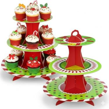 Imagem de Willinglong 2 peças de suporte de cupcake de Natal, 2 camadas, bola, papelão, suporte de bolo com padrão de mandala, suporte de Natal, vermelho, verde, decoração de torre de sobremesa, para festas de