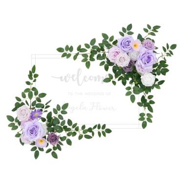 Imagem de Angela flower 2 peças roxas de luxo placa de boas-vindas flores artificiais casamento pano de fundo para pendurar arranjos florais para cerimônia, recepção, placa de entrada, mesa de coração