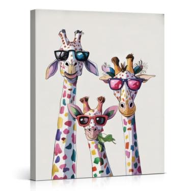 Imagem de Impressão de arte de parede de família de girafa moderna imagem de pôster de girafas coloridas decoração de parede de animal moderno para casa quarto sala de estar 20 x 25 tela emoldurada