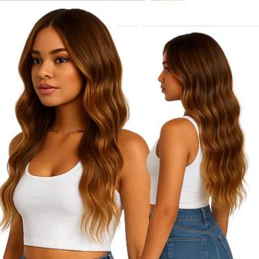 Imagem de Peruca Resistente a Calor Ondulada sem Franja com Mechas Mel - MayaHai