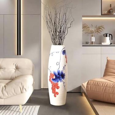 Imagem de POPGRAT Vaso alto branco para chão de 81 cm, vasos rústicos de cerâmica grossa, grandes para decoração de casa, sala de estar, pintura de uva azul, vasos decorativos com abertura de boca larga para