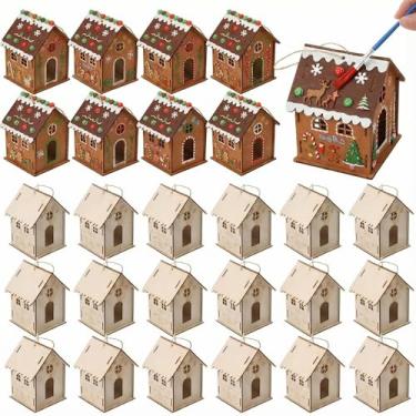Imagem de DoubleFill 36 peças de casa de pão de gengibre de madeira kit de artesanato DIY para crianças, casas de vila de Natal inacabadas com barbante, artesanato de madeira de Natal para pintar e construir