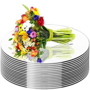 Imagem de Pacote com 18 bandejas redondas de espelho, peças centrais de acrílico sem vidro para mesas de casamento, placa de vela, espelhos circulares, azulejos de espelho de parede para centros de mesa