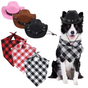 Imagem de OLYCRAFT Conjunto de 3 acessórios de fantasia de cowboy para animais de estimação, acessórios de fantasia estilo ocidental, bandana de algodão xadrez e chapéu de caubói de feltro para cães e gatos
