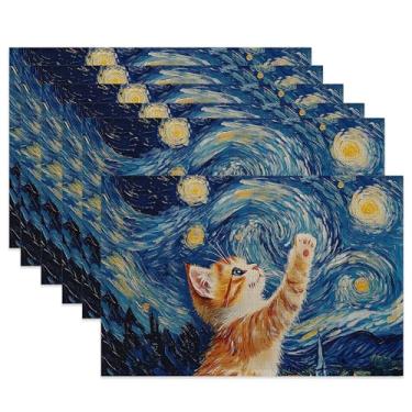 Imagem de Jogo americano fofo de pano de gato, céu estrelado azul, resistente ao calor, conjunto de 6, tapetes de linho laváveis para decoração de mesa de sala de jantar, casa, restaurante, cafés, festas de fim
