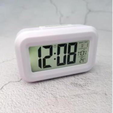 Imagem de Mini despertador digital, tela, hora, alarme, portatil, moderno, bateria, branca, compacto