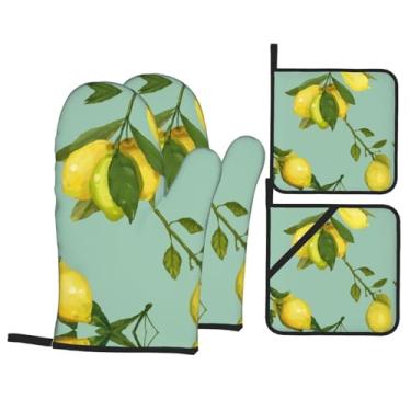 Imagem de Lemon - Conjunto de luvas de cozinha com suportes de tampa, luvas de forno resistentes ao calor para manusear panelas quentes, grelhar, churrascos, kit de 4 peças.