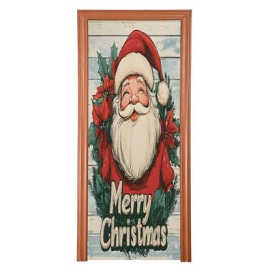 Imagem de Wassud Capa de porta de Natal decoração de banner 89 x 199 cm grande cabeça de Papai Noel feliz capa de porta interna elástica para varanda porta da frente