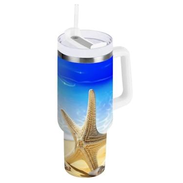 Imagem de Kigai Copo térmico de 1,134 g com alça, estrela do mar e conchas de praia com tampa e canudo, garrafa de água esportiva de metal grande, caneca de café de viagem de aço inoxidável