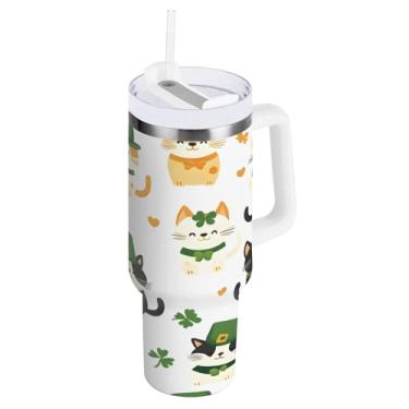 Imagem de STAYTOP Copo de gato fofo de 850.5 g com tampa e canudo, à prova de vazamento, copo isolado de aço inoxidável durável com alça, garrafas de água à prova de derramamento para viagens