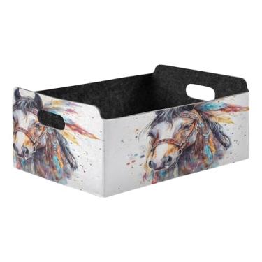 Imagem de Burbuja Cesto de armazenamento dobrável de cavalo étnico com alças – caixa de armazenamento de feltro para organizar brinquedos, livros, maquiagem, panos, meias na prateleira, armário e quarto
