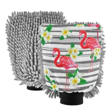 Imagem de STAYTOP Luvas de lavagem de carro flamingo lindas e misteriosas, 2 peças, luvas de microfibra de chenille, sem arranhões, panos de esponja de lavagem ultra absorventes para carros, limpeza doméstica