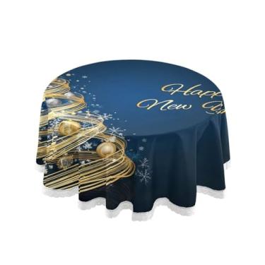 Imagem de Qilmy Toalha de mesa redonda de árvore de Natal dourada brilhante 152 cm, resistente à água, à prova de derramamento, capa de mesa grande para jantar de reunião de família em ambientes internos e