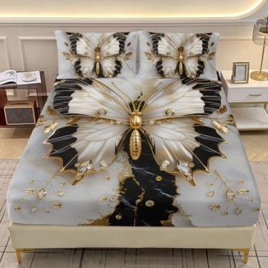 Imagem de AILONEN Jogo de cama Queen com estampa de mármore, folhas douradas, borboleta, preto e branco + 2 fronhas, 3 peças