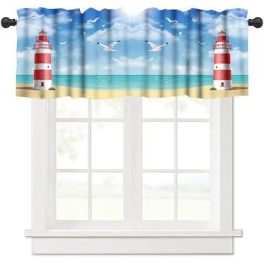 Imagem de JADERYS Cortinas de saia de farol praia costeira gaivota vermelha branca farol náutico haste bolso cortina sanefa para cozinha quarto sala de estar decoração 1 painel L 137 x C 45 cm