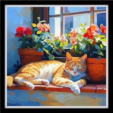 Imagem de DMCVIVR Kits de ponto cruz estampado para iniciantes e adultos, kits de bordado para iniciantes, kit de bordado para adultos, kit cruzado para iniciantes, 11 quilate - gato peitoril da janela 45,7 x