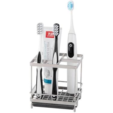 Imagem de Suportes de escova de dentes de aço inoxidável para banheiros, 5 compartimentos para escova de dentes elétrica infantil e organizador de pasta de dente para bancada, chuveiro, penteadeira, prata