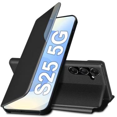 Imagem de Capa flip S25 para Samsung Galaxy S25 5G, capa de couro slim fit transparente para celular Samsung S25 com suporte, resistente, resistente à prova de choque, 6,2 polegadas (preto)