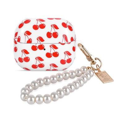 Imagem de CameCosy Capa protetora compatível com Samsung Galaxy Buds 3/3 Pro/3 FE com chaveiro de pulseira de pérola, capa de TPU com padrão cereja para mulheres e meninas, capa à prova de choque antiarranhões