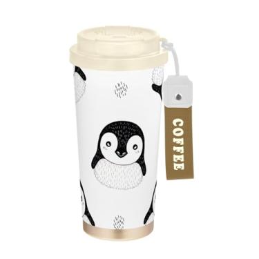 Imagem de TSENQUE Copo de café de viagem 473 ml com canudo e tampa, caneca de café de aço inoxidável à prova de vazamento para escritório, escola, festa, acampamento, desenho fofo, pinguins pretos brancos