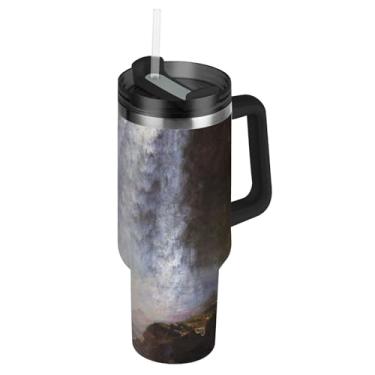 Imagem de Bierstadt Albert Falls Copos de paisagem com tampas e canudo de aço inoxidável isolado copo de garrafa de água com alça copo térmico de café para carro de 850 g