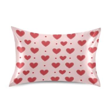 Imagem de Wassud Fronha de cetim para cabelo e pele Red Hearts Dia dos Namorados Capas de almofada de seda lisa tamanho padrão respiráveis com fecho de envelope