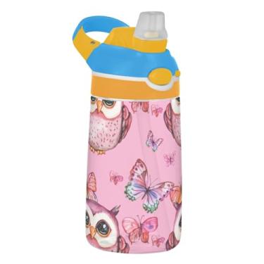 Imagem de Garrafa de água fofa de coruja rosa animal para crianças com canudo 473 ml 473 ml Garrafa de água de plástico Tritan reutilizável à prova de vazamento, copo de viagem infantil, portátil, alça de