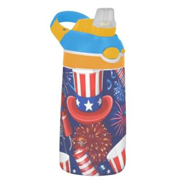 Imagem de Garrafa de água infantil Tritan de 473 ml com tampa de palha, garrafa de água esportiva reutilizável para escola, copo de bebida infantil portátil de 473 ml, alça de transporte, chapéu de fogos de