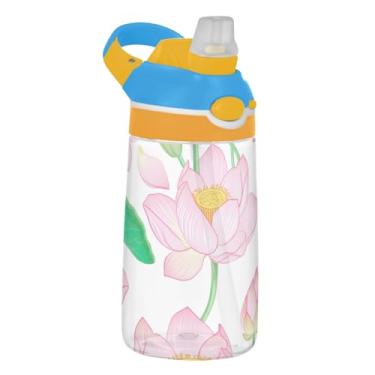 Imagem de Garrafa de água Tritan de 473 ml, reutilizável, 473 ml, com canudo, copo infantil portátil à prova de vazamento, alça de transporte, flores de lótus rosa, verde e branco
