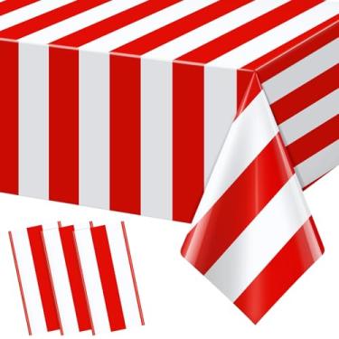 Imagem de 3 peças de toalhas de mesa listradas horizontais brancas e vermelhas clássicas toalhas de mesa listradas vermelhas descartáveis de plástico à prova d'água para carnaval, piquenique, festa de Halloween